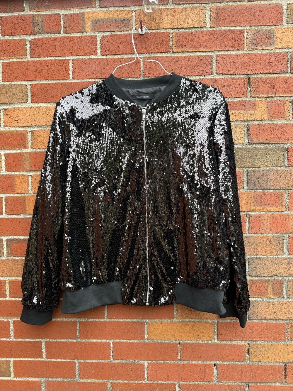 Black Silver Sequin Bomber Jacket Zip Front Sparkle Party Jacket